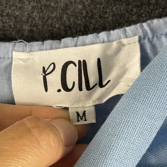 P Cill Linen Blend Mini Dress Womens Medium Blue Tie Front Ruffle Cut Out NEW - Picture 4 of 14